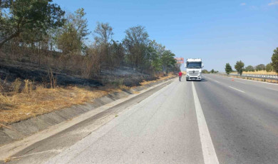 Otobanda fırlayan tır lastiği yangın çıkardı