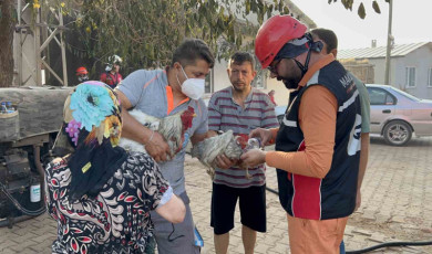 Saçaklı köyünde evi ve damı yanan kadının dumandan etkilenen tavuklarının yardımına ekipler ve gönüllüler koştu